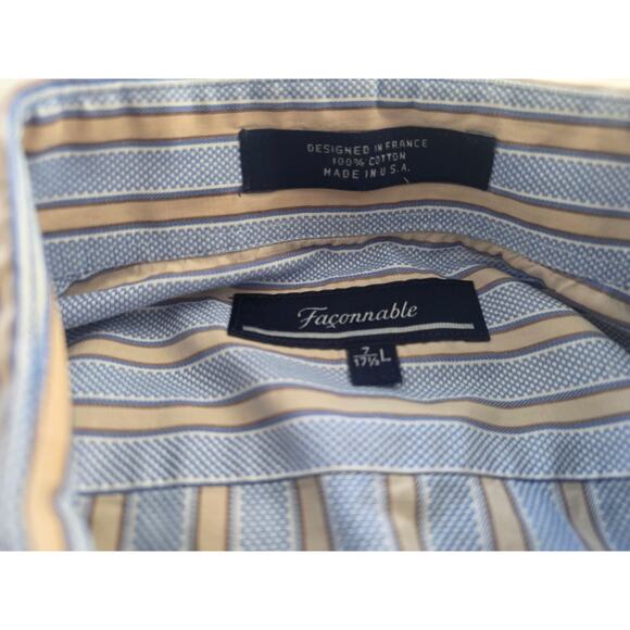 Faconnable Dress Shirt 17.5 L Blue Cream Stripe 100% Cotton Made in USA Button - Picture 5 of 7
